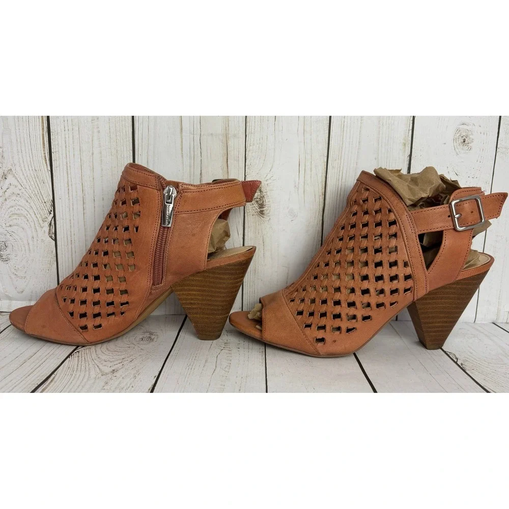Vince Camuto Woven Leather Peep Toe Booties Blush Pink Cone Heel Sandals 7M 37.5